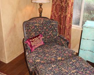 Oversized French Provincial chair and ottoman