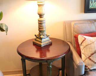 Wood accent table by the sofa
