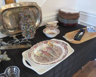 Johnson Brothers His Majesty turkey platter, bowls, gravy bowl and underplate; Williams Sonoma silverplate platter