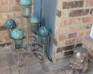 Decorative ceramic orbs, candle holder, Foo dog garden statue