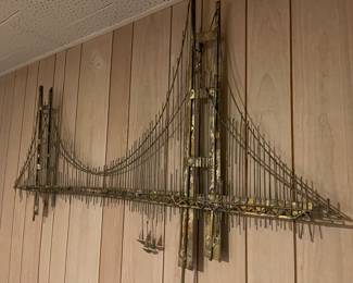 Vintage Mid Century Style Wall Sculpture, Circa 1970's. 
Curtis Jere Artisan Metal Wall Sculpture of the 
Golden Gate Bridge. 
This one is signed by the artist. 