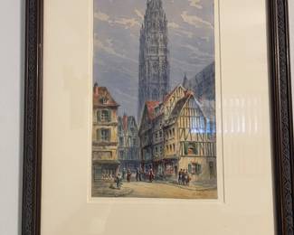 Watercolor Painting of Roman Cathedral in France by painter William H Wallis