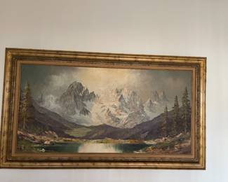 large mid 20th century oil painting on canvas of a mountain lake by unknown artist in a mid-century gilt frame