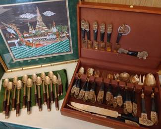 Set of 42 Brass & Rosewood Thiland flatware