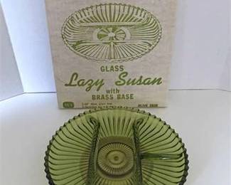 Vintage Indiana Glass Olive Green Lazy Susan WBrass Base