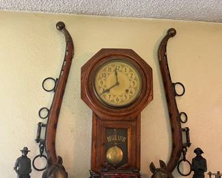 Regulator Clock, Wells Fargo Metal Wagon, Metal Western Statues and Hames