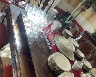 Formal dining table, China, and serving pieces