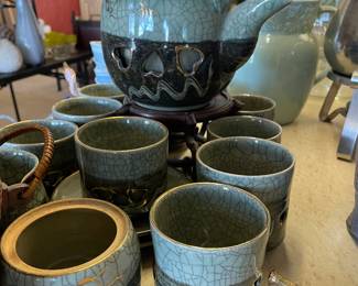 Vintage Somayaki Teapot Double Walled Green & cups