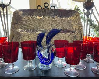 Hammered aluminum, serving trays, Murano style swans, and dolphins