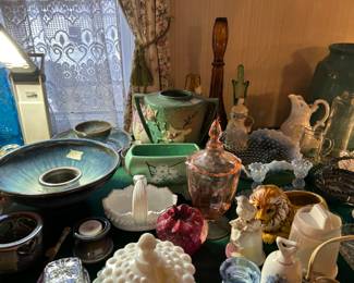 More collectible dish ware, antique shaving cream dispenser