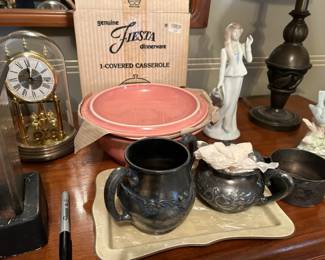 Anniversary clock, original Fiesta Dinnerware Casserole Dish w cover, Collection of silver plate, lovely mother of pearl vanity tray
