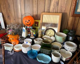 Assortment of mason jars, medicine cabinet, Halloween and pottery flower pots