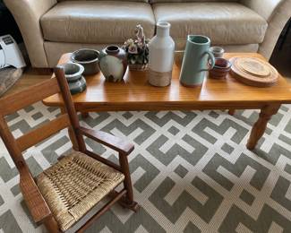 COFFEE TABLE, POTTERY & SMALL ROCKING CHAIR