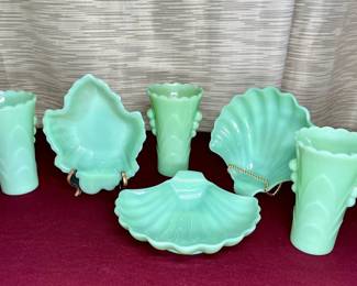  01 Fire King 2 Shell Candy Dishes, Maple Leaf Dish, 3 Art Deco Vases