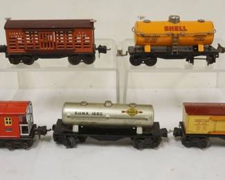 1089 LIONEL TRAIN O GAUGE 5 CARS #2656 BOX CAR, #654 SHELL, #1679 BABY RUTH, #1680 SUNOCO, #2657 CABOOSE