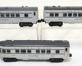 1102 LIONEL O GAUGE 3 TRAIN CARS, #2421 MAPLEWOOD, #2422 CHATHAM, #2423 HILLSIDE
