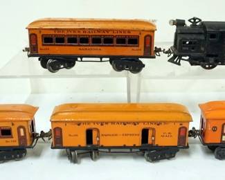 1018 IVES TRAIN O GAUGE #3218 LOCOMOTIVE WITH 4 CARS, #120 SARATOGA, #130 BUFFET, #131 BAGGAGE, AND #132 OBSERVATION