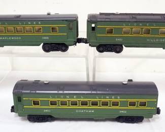 1104 LIONEL O GAUGE 3 TRAIN CARS, #2400 MAPLEWOOD, #2401 HILLSIDE, #2402 CHATAM