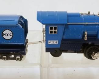 1080 M.T.H. O GAUGE BLUE COMET TRAIN, #263E LOCOMOTIVE AND NYC TENDER WITH BOXES