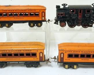 1030 IVES TRAIN O GAUGE #551 CHAIR CAR, #552 PARLOR WITH 3 CARS, #129 SARATOGA, #130 BUFFET, #132 OBSERVATION