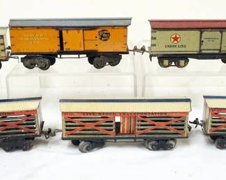 1056 IVES TRAIN O GAUGE GROUP OF 6 CARS, #127 LIVESTOCK, #125 UNION LINE, #12579, GEN. MERCH. CAR