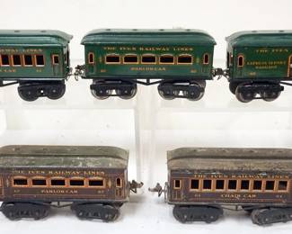 1058 IVES TRAIN O GAUGE GROUP OF 5 CARS, #60 BAGGAGE, #61 CHAIR CAR, #62 PARLOR