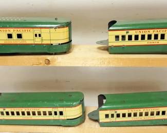 1174 O GAUGE TIN LITHO UNION PACIFIC TRAIN ENGINE WITH 3 COACH CARS