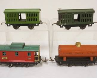 1087 LIONEL TRAIN O GAUGE 4 CARS #802 UNION STOCK LINES, #804 LIONEL TANK LINES, #87 CABOOSE