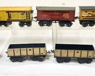 1050 IVES TRAIN O GAUGE GROUP OF 8 CARS, #63 N.Y.C., #67 CABOOSE, #66 STANDARD OIL, #65 LIVE STOCK