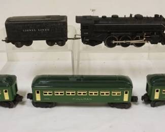 1074 LIONEL TRAIN O GAUGE #2065 ENGINE AND TENDER WITH 3 CARS. #1689T TENDER, #6440 PULLMAN, #6441 OBSERVATION