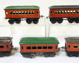 1055 IVES TRAIN O GAUGE GROUP OF 5 CARS, #61 CHAIR CAR, #62 PARLOR, DRAWING ROOM, #73 OBSERVATION