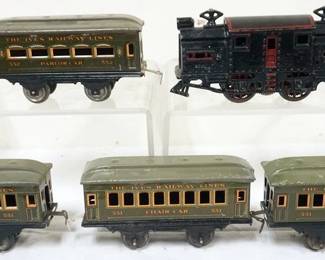 1019 IVES TRAIN O GAUGE #3220 LOCOMOTIVE WITH 4 CARS, #551 CHAIR CAR, #552 PARLOR CAR