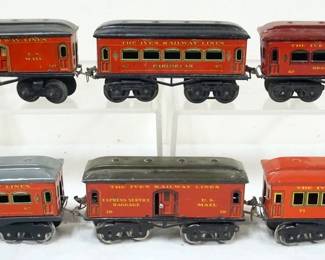 1057 IVES TRAIN O GAUGE GROUP OF 6 CARS, #60 BAGGAGE, #62 PARLOR DRAWING ROOM, #70 BAGGAGE, #71 CHAIR