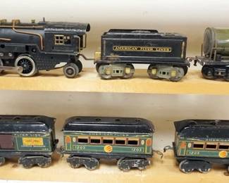 1155 AMERICAN FLYER O GAUGE TRAIN LOCOMOTIVE AND TENDER WITH #118 TANKER, #1202 BAGGAGE, #1203 PASSENGER
