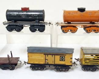 1040 IVES TRAIN O GAUGE GROUP OF 5 CARS, #66 STANDARD OIL, #65 TRANSPORT, SANTE FE