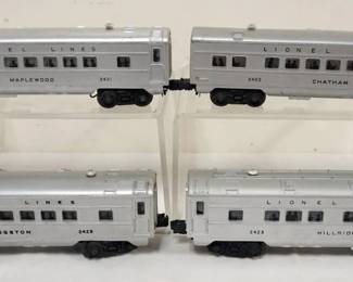 1106 LIONEL O GAUGE 4 TRAIN CARS, #2421 MAPLEWOOD, #2422 CHATHAM, #2429 LIVINGSTON, #2423 HILLSIDE