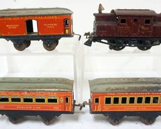 1029 IVES TRAIN O GAUGE #3252 ENGINE WITH 3 CARS, #550 BAGGAGE, #551 CHAIR CAR
