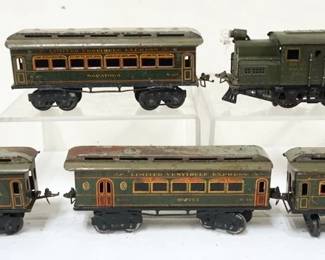 1027 IVES TRAIN O GAUGE #3253 ENGINE WITH 4 CARS, #129 SARATOGA, #130 BUFFET, #131 BAGGAGE