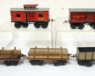 1043 IVES TRAIN O GAUGE GROUP OF 5 CARS, #67 CABOOSE, BALTIMORE & OHIO, #63 N.Y.C. & HR
