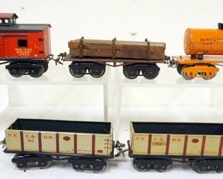 1041 IVES TRAIN O GAUGE GROUP OF 5 CARS, #66 STANDARD OIL, #63 N.Y.C. & H.R., #67 CABOOSE