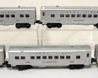 1105 LIONEL O GAUGE 5 TRAIN CARS, #2421 MAPLEWOOD, #2422 CHATHAM, #2429 LIVINGSTON, #2423 HILLSIDE