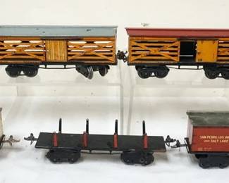 1047 IVES TRAIN O GAUGE GROUP OF 7 CARS, #129 SARATOGA, #1708, #124 DAIRY LINE, #127 LIVE STOCK