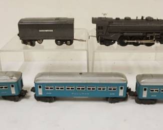 1077 LIONEL TRAIN O GAUGE #1666E LOCOMOTIVE AND TENDER WITH 3 CARS. #2430 PULLMAN, #2431 OBSERVATION