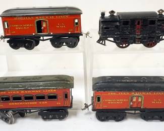 1016 IVES TRAIN O GAUGE #3253 LOCOMOTIVE WITH 3 CARS, 2 - #60 BAGGAGE CARS AND #73 OBERVATION