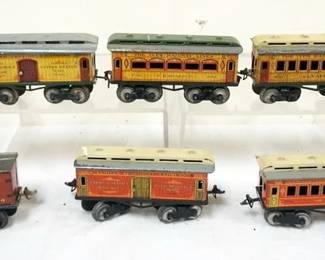1060 IVES TRAIN O GAUGE GROUP OF 8 CARS, #60 BAGGAGE, #61 YALE, #62 HARVARD, #67 CABOOSE, #85829 BOX CAR