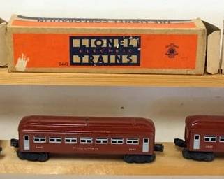 1142 LIONEL O GAUGE 3 TRAIN CARS, #2442 PULLMAN, #2443 OBSERVATION