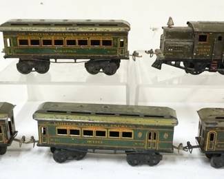 1022 IVES TRAIN O GAUGE #3253 LOCOMOTIVE WITH 4 CARS, #129 saratoga, #130 buffet, #131 baggage