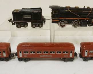 1075 LIONEL TRAIN O GAUGE #2065 ENGINE AND TENDER WITH 3 CARS. #258T TENDER, #2642 OBSERVATION, #2643 OBSERVATION