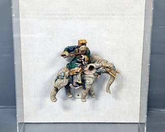 Hand Carved And Painted Stone Chinese Elephant Rider Statue In Plexiglass Display Case 22.5" x 20.5" x 5.5"