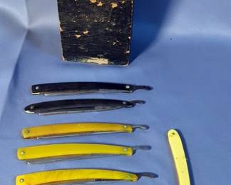 E. C. McBurney Straight Razor Assortment, Includes Original Wood Case, Two Have Damage On Handles, Total Qty 8